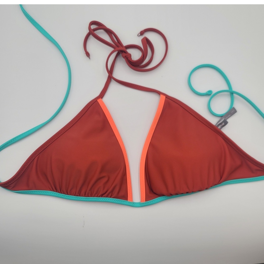Aerie Triangle Bikini Top L Large Rust Orange Turquoise Colorblock Halter Swim